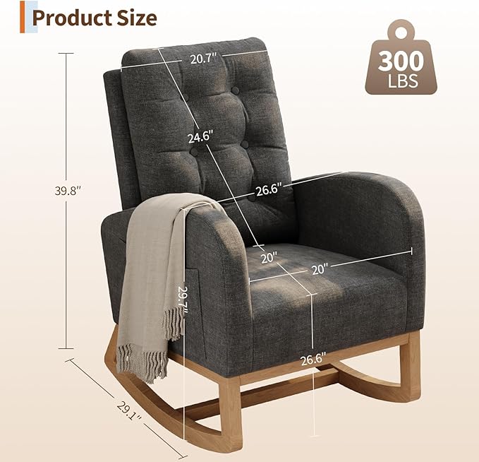 GarveeHome Nursery Rocking Chair Linen Fabric Upholstery Sturdy Wooden Legs &amp High Backrest Comfortable Glider Rocking Chair for Living Room or Bedroom Dark Grey