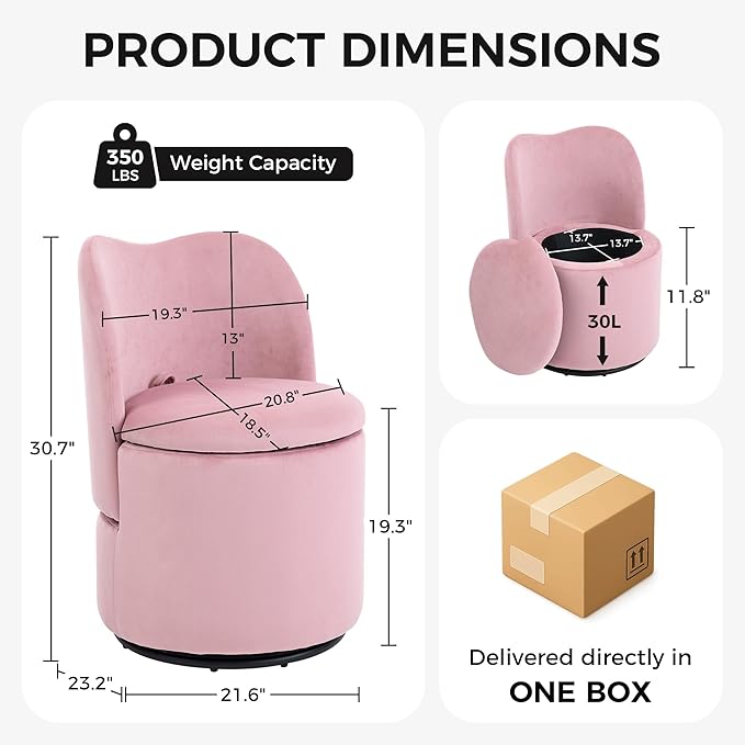 Velvet Vanity Chair with Storage 360° Swivel Makeup Chair with Back Modern Swivel Accent Stool Barrel Chair Upholstered Ottoman Vanity Stool with Back for Bedroom Dressing Living Room Pink