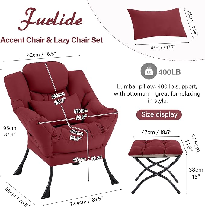 Lazy Chair with Ottoman Comfy Fabric Accent Lounge Armchair with Lumbar Pillow and Folding Footrest Reading Leisure Sofa Chair for Bedroom Living Room DormBurgundy