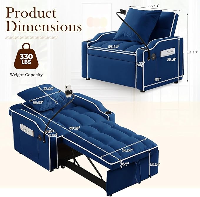 3-in-1 Convertible Sleeper Sofa Bed Chair with Cup Holders &amp Phone Holder Futon Chair Bed with Pull Out Couch Adjustable Backrest Modern Velvet Chaise Lounge Living Room Bedroom (Navy Blue 35.4