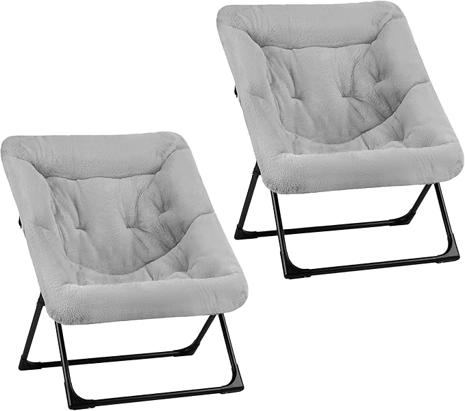 Comfy Saucer Chair for Adults Set of 2 Soft Faux Fur Bedroom Chair Accent Dorm Chairs Flexible Living Room Reading Chairs Oversized Folding Seat for Teens X-Large Grey