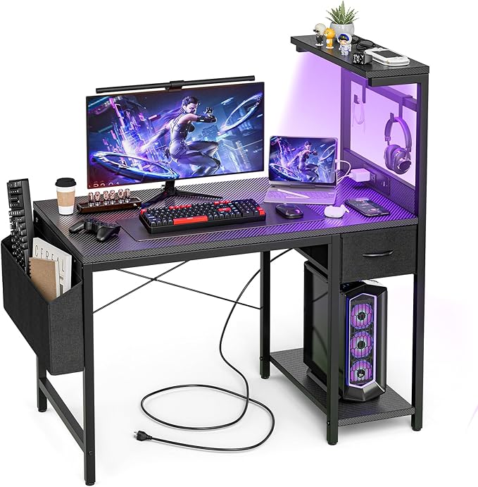 Grandder Gaming Desk 55 Inch with Power Outlet and LED Light Computer Desk with Reversible Shelves and Storage Drawer Pc Small Table for Home Office Table with Bag Carbon Fiber Black