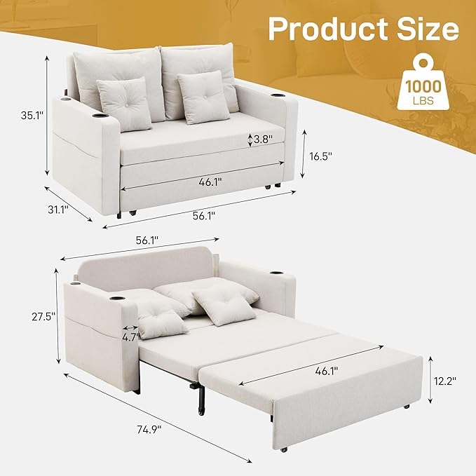 Convertible Sleeper Sofa Bed 56 Loveseat Sleeper Sofa with Pull Out Couch Bed Full Size Storage Pocket USB Port Comfy Small Couches for Living Room Bedroom Apartment Beige