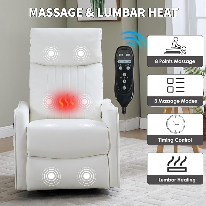 Swivel Rocker Recliner Chair 360° Swivel Recliner with Heat and Massage Rocker Recliner Upholstered Fabric Nursery Glider Recliner Chair with Side Pockets for Living Room PU White