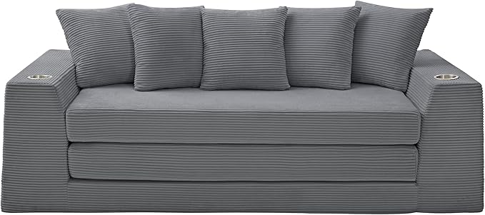 82'' Convertible Sofa Bed 2-in-1 Boneless Sleeper Sofa with Cup Holder &amp Pocket Corduroy Loveseat Sleeper Couch with 5 Pillows Pull Out Couch for Living Room Bedroom (Dark Grey)