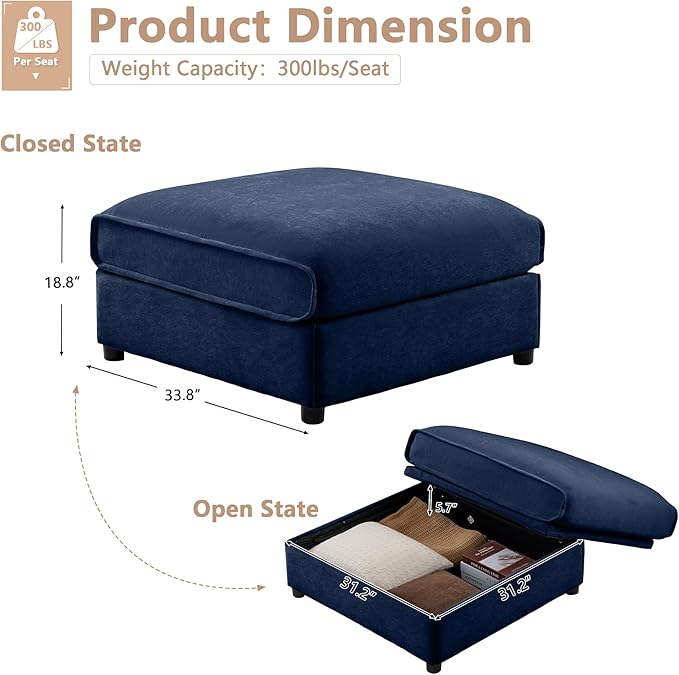 Movable Storage Ottoman for Modular Sectional Sofa Modern Oversized Upholstered Couch for Living Room Bedroom Office Apartment White