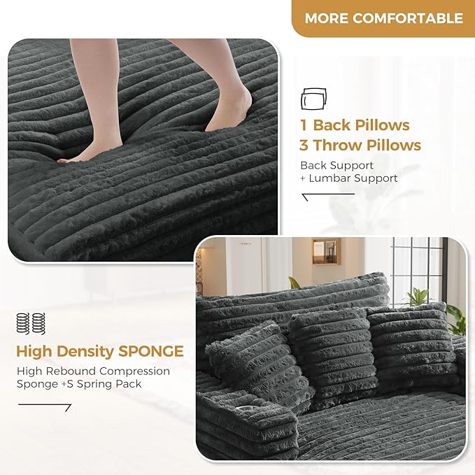 60 Chaise Lounge Indoor Upgraded Oversized Plush Faux Fur Sleeper Sofa Bed w/Pillows &amp Wide Armrests Fluffy Upholstered Reading Chairs Cloud Sofa Couches for Living Room Set of 2Dark Grey