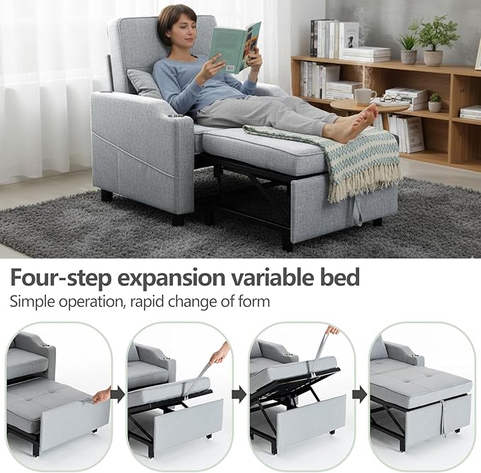 4-in-1 Convertible Sleeper Chair Bed Couch Bed with 5-Level Adjustable Backrest Futon Sofa Bed with USB Port&amp Cup Holder Multi-Functional Chaise Lounge Chair Sleeper Sofas for Living Room