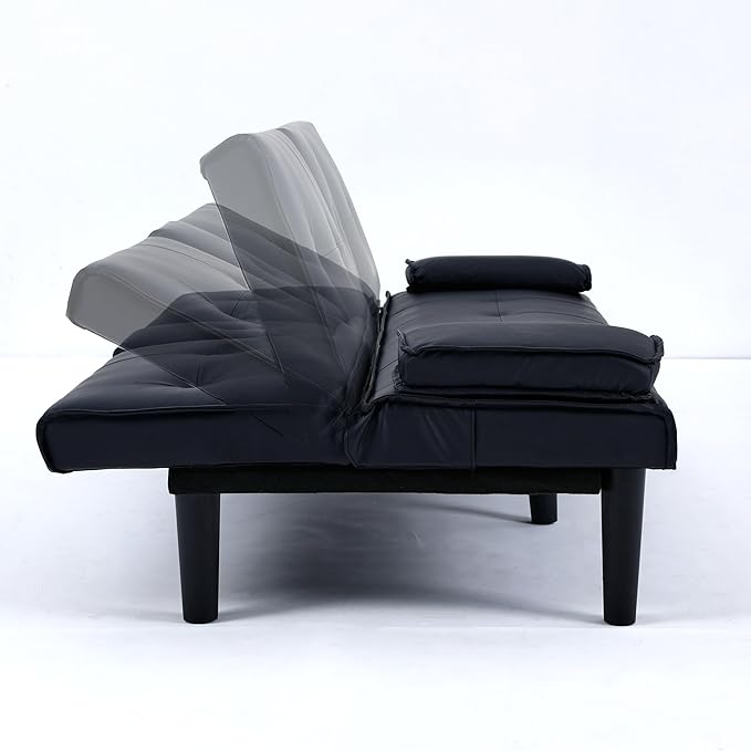 KEIKI 3 in 1 Convertible Sleeper Sofa Bed PVC Loveseat with Cup Holder Foldable Futon Sofa Bed for Living Room Guest Room Dorm Black