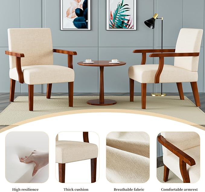 Fabric Accent Chair Set - Arm Chairs Set of 2 with Wood Side TableLiving Room Chairs with Soft Seat for Reading RoomBedroomWaiting RoomOffice(Beige)…