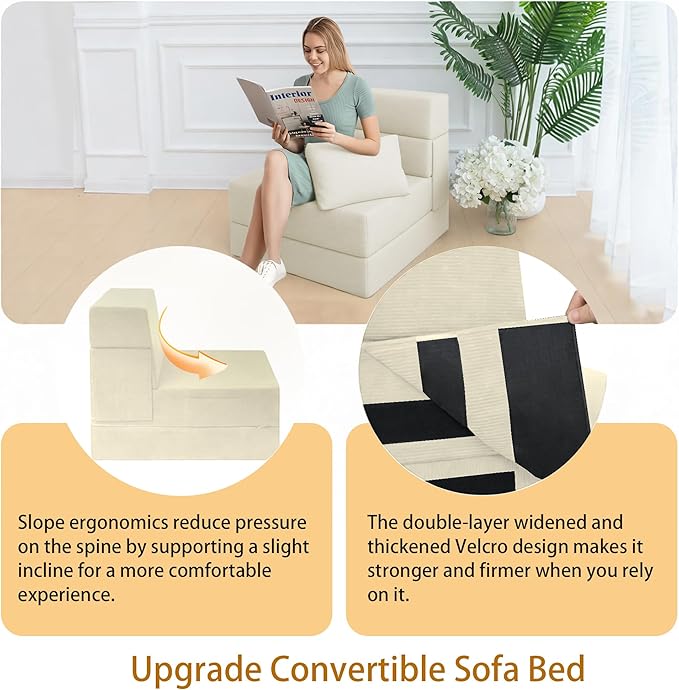 Sofa Bed Foldable Mattress Folding Sleeper Sofa Chair Bed Floor Mattress with Pillow for Living Room Home Office (Off White- Corduroy Single)