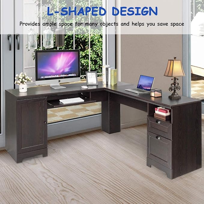 GOFLAME 66 Inch L-Shaped Computer Desk Spacious Corner Desk w/Drawers Cabinet &amp Keyboard Tray Executive Office Desk Study Gaming Workstation for Home Office (Coffee)