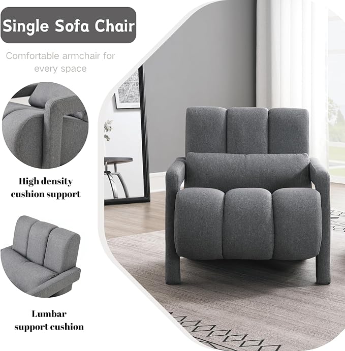 Modern Upholstered Accent Chair with Pillow - Comfortable and Sturdy Linen Fabric for Living Room Bedroom Office and More (Dark Grey)