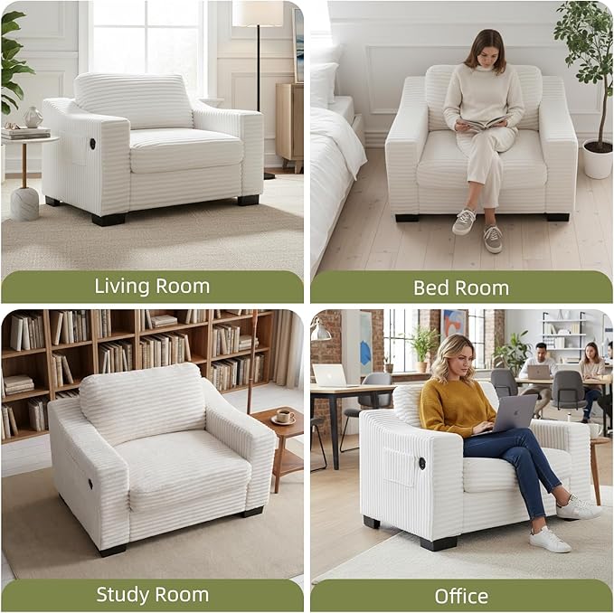 46.1''W Oversized Accent Chair Modern Single Armchair with USB Charger &amp Storage Pocket Comfy Reading Chair Tufted Corduroy Fabric for Living Room Bedroom Apartment Office (Beige)