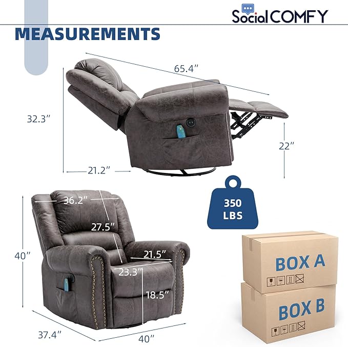 Manual Swivel Rocker Recliner Chair with Heat and Vibration 360° Swivel Glider Rocking Reclining Chair Massage Rocking Recliners with Side Pockets &amp USB Ports for Living Room Smoky Gray