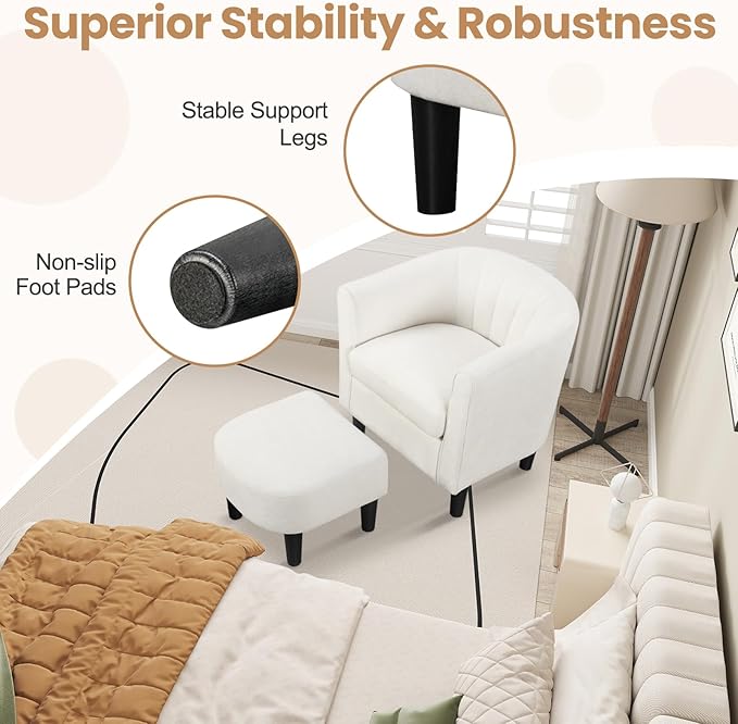 KOMFOTT Accent Chair with Ottoman Upholstered Teddy Velvet Barrel Chair with Footrest Comfy Club Sofa with Curved Backrest Thick Seat Cushion Modern Arm Chair for Living Room Bedroom Beige