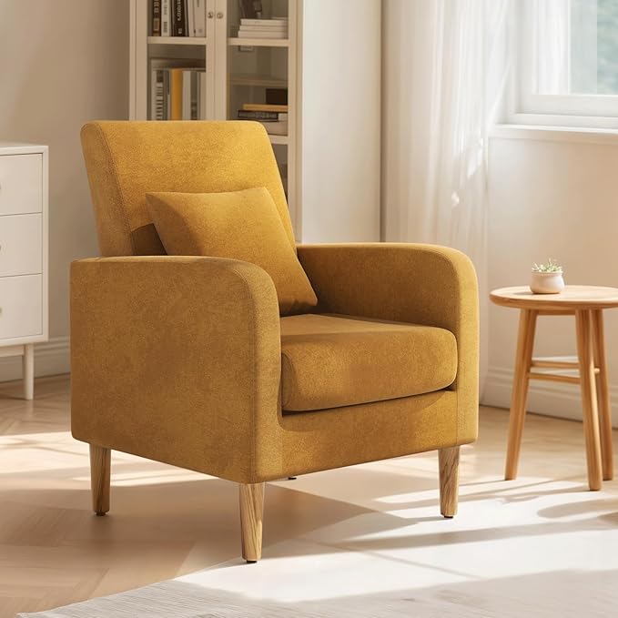 Magshion Mid-Century Accent Chair for Living Room Comfy Reading Chair for Bedroom Upholstered Linen Fabric Armchair Single Sofa with Back Pillow &amp Wood Legs 300 lbs Capacity Yellow
