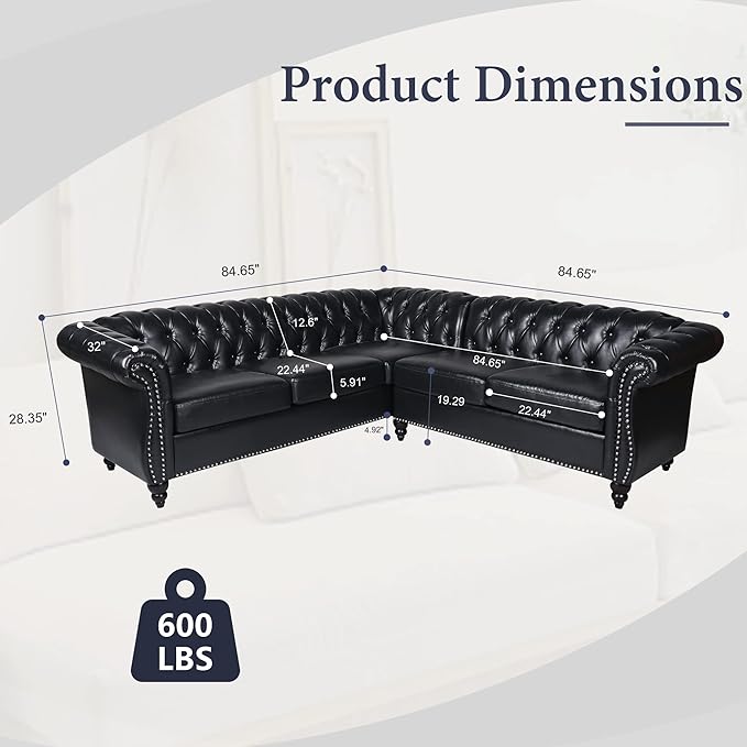 ORRD L Shaped Small Sectional Sofa Chesterfield Leather Couch Tufted Accent Sofa with Scroll Arms and Nailhead for Living Room Office