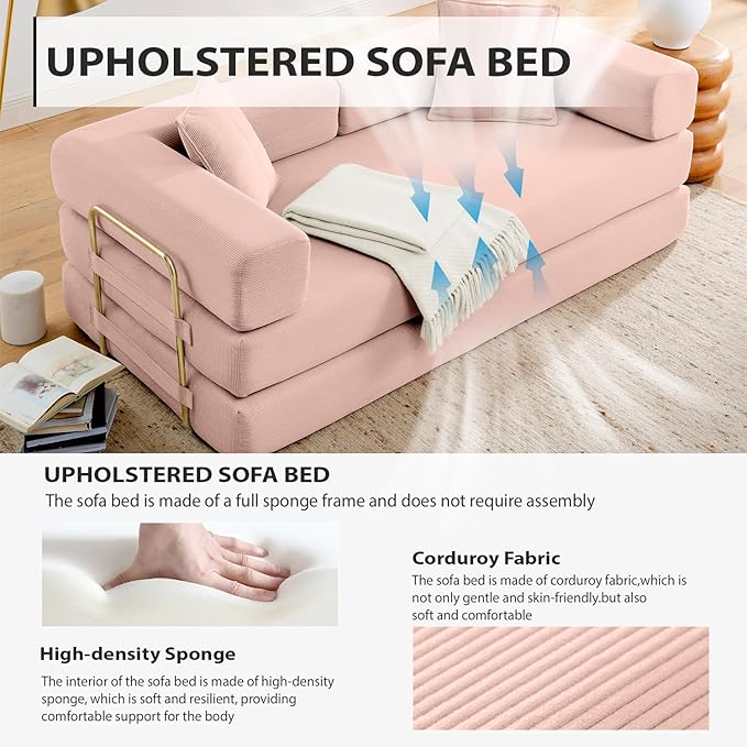 4-in-1 Folding Convertible Sofa Bed 78 Inch Boneless Couch with Fixed-Shape Frame Corduroy Loveseat Sleeper with Pull Out Bed Floor Sofa Modular Futon Couch for Living Room Bedroom Lounge (Pink)