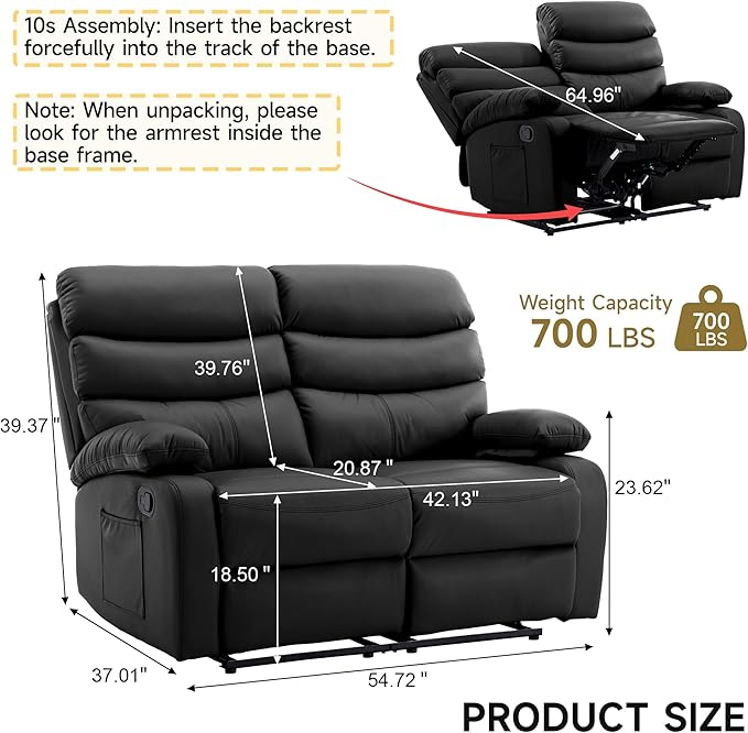 Double Recliner Loveseat Leather Reclining Loveseat 2 Recliners Set Wall Hugger Loveseat Recliner Sofa for Living Room RV Home Theater Seating(Black 2 Seater Sofa)