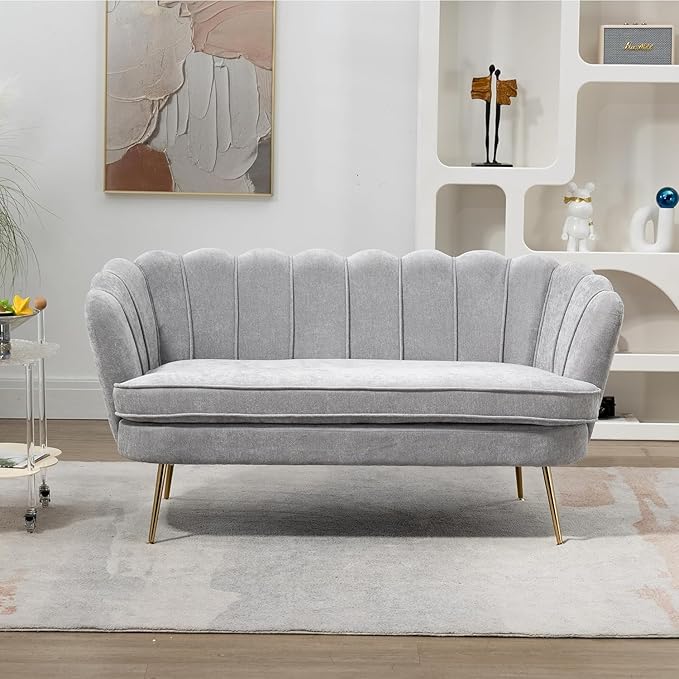 59 Wide Modern Boucle Loveseat 2-Seater Sofa with Gold Metal Legs for Small Space Office Studio Apartment Bedroom (Light Gray.)