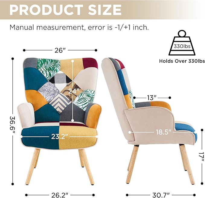Accent Chair Living Room Chair Modern High Back Armchair Colorful Patchwork Reading Chairs for Bedroom Lounge Chair with Linen Fabric Shell and Solid Wood Feets (1 Colorful)