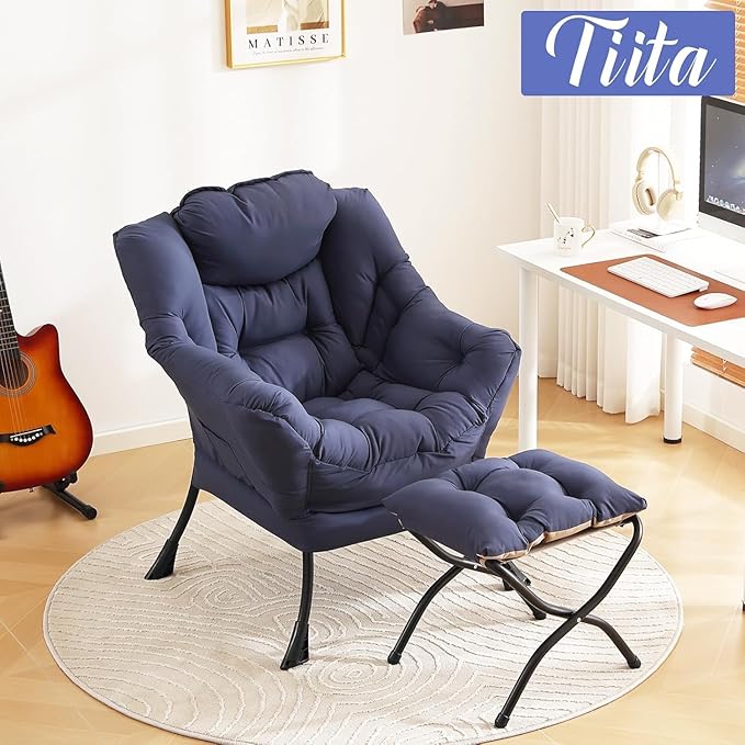 Tiita Lazy Chair with Ottoman Navy Modern Large Accent Chair Comfy Leisure Sofa Armchair with Ottoman Reading Chair with Footrest for Bedroom Living Room Dorm Rooms Navy