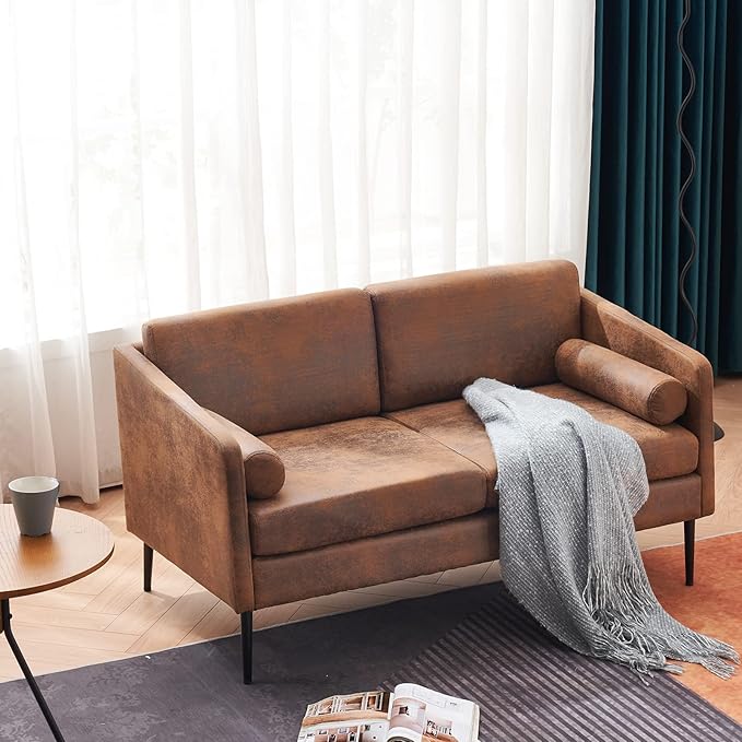 Karl home Loveseat Sofa 52 Bedroom Couch Mid-Century 2-Seat Sofa Bronzing Cloth Upholstered Love Seat with Metal Legs for Living Room Bedroom Balcony Apartment Office Brown