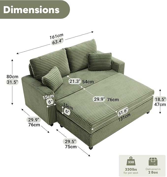Tbfit 63.4 Oversized Loveseat with Storage Ottoman Comfy Chaise Lounge Chair Indoor Corduroy Sleeper Sofa Bed Modern Upholstered Love Seat Couch for Living Room Bedroom Apartment Green | Breath