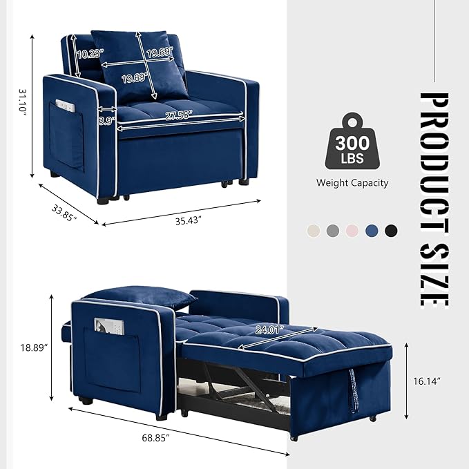 3 in 1 Velvet Sleeper Chair with Pull Out Bed Convertible Single Sofa Bed Futon Modern Tufted Chair with Adjustable Backrest Pullout Sleeper Sofa Chair for Bedroom Living Room Lounge (Blue)