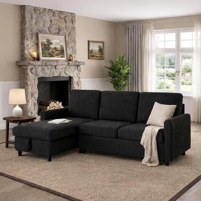 JAMFLY Pull Out Sleeper Sofa Bed with Storage Chaise L-Shaped Corduroy Sectional Couch 3-Seater Convertible Sofa with Hidden Storage for Small Living Room Apartment Office Black