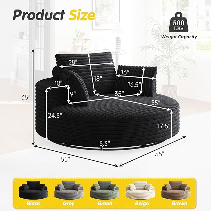 360-Degree Oversized Swivel Chair Modern Round Circle Corduroy Comfy Deep Seat Swivel Accent Chaise Lounge Sofa Chair with Back Cushion &amp 2 Throw Pillows for Living Room Bedroom Office Black