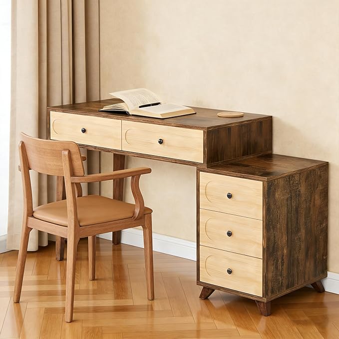 Computer Desk with Adjustable Position Drawers Gaming Desk with Storage Compact Home Office Desks Vanity Desks Without Mirror for Bedroom/Study Writing (Brown)
