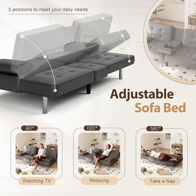 Shahoo Convertible Folding Futon Sofa Bed Sleeper Couch for Living Room Faux Leather Upholstered Loveseat w/Removable Armrests Metal Legs 2 Cup Holders Gray