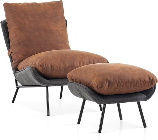 MCombo Modern Accent Chair with Ottoman Leathaire Fabric Armless Chair Upholstered Leisure Chairs for Small Space Living Room &amp Bedroom LW951 (Saddle)