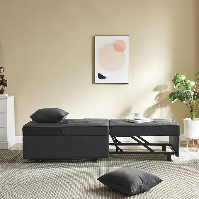 Sofa Bed 4-in-1 Convertible pull out Couch Velvet Love seat Couch Sleeper Chair Bed with 2 Throw Pillow Single Recliner with 5 Adjustable Backrests for Living Room Apartment Small Space Dark Grey