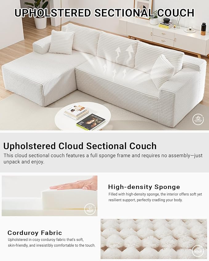 105 Inch Modular Sectional SofaModern Cloud Sectional Couch with Deep SeatCorduroy Boneless Couches with L-Shape Chaise for Living Room BedroomNo Assembly Required (White Left Facing Chaise)