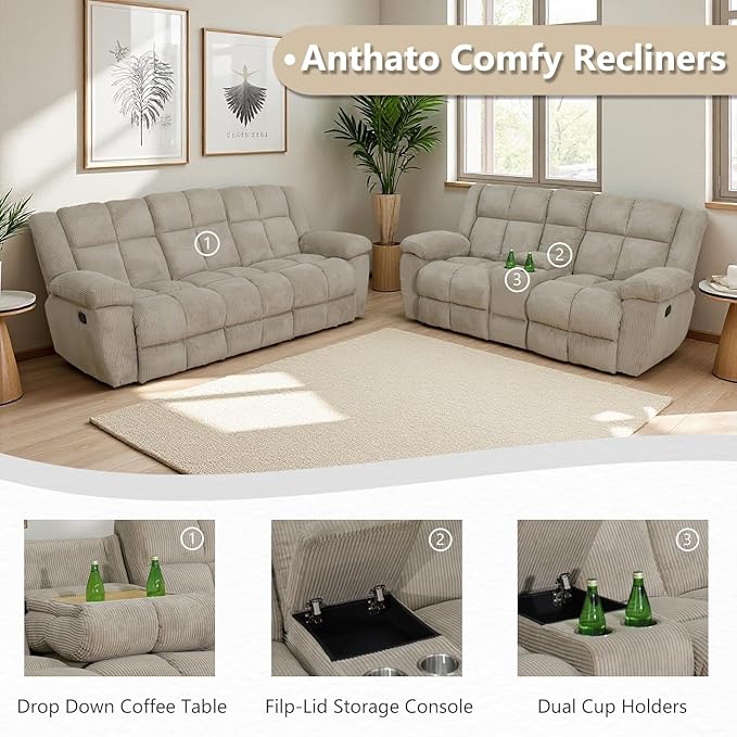 Manual Recliner Sofa Set Living Room Furniture Sets Corduroy Reclining Couches Comfy Reclining Chair Sofa with Coffee Table 2PCS Fabric Recliner Furniture for Home/Office (Beige 3+1 Seat)