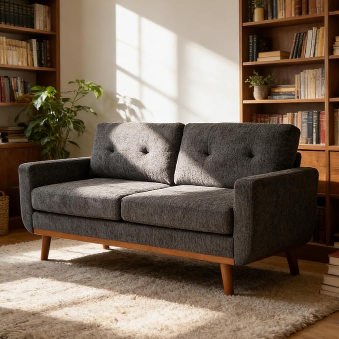 67.7 Loveseat Sofa Couch Mid-Century Modern Love Seat Couches for Living Room Button Tufted Upholstered Small Loveseats for Small Space Office Bedroom with Wooden Legs (Blue Gray)