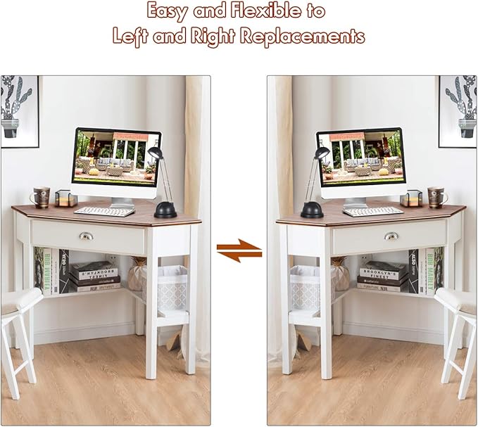 Tangkula Corner Desk Corner Computer Desk with Drawer for Small Space Small Corner Makeup Vanity Desk 90 Degrees Triangle Corner Desk with Storage Shelves (Natural &amp White)