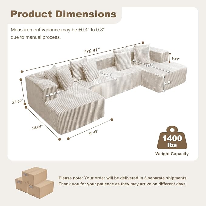 130'' U Shaped Couched for Living Room Cloud Modular Sectional Couch with 2 Chaise Lounge Modern Minimalist Upholstered Sofa Sleeper Deep Seat Corner Couch No Assembly Required Beige