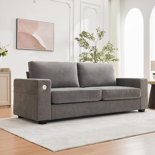 IDEALHOUSE 90 Modern Couches for Living Room Chenille Fabric Loveseat Sofa with USB &amp Type-c Charging Ports Removable Cushion Cover Side Pocket Sturdy Wood Frame for Apartment or Home Grey