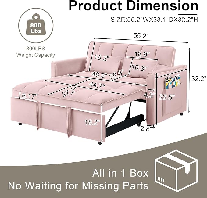3-in-1 Convertible Sofa Bed 55'' Pull Out Couch Bed with Adjustable Backrest Velvet Fabric Sleeper Loveseat Sofa with Side Pocket Perfect for Living Room Easy Assembly(Pink)