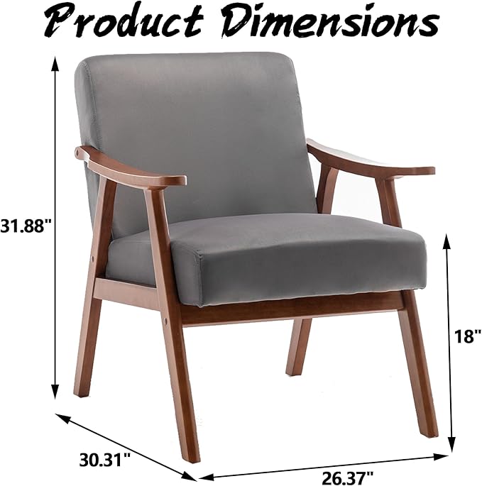 Mid Century Modern Accent Chair Upholstered Armchair Comfy with Wood Legs Siting Chair with Soft Cushion PU Leather Side Chairs for Living Room Bedroom Office (Velvet Grey)