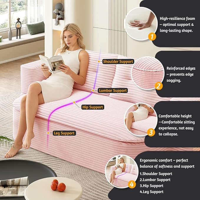 78.7 Floor Foam Sleeper Sofa Bed Folding Futon Couch Bed Corduroy Compression Loveseat Sofa Foldable Full Size Couch with 2 Pillows for Living Room Bedroom ApartmentPink