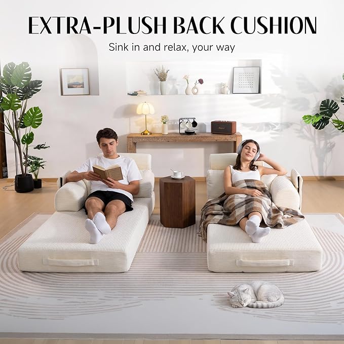 79 Corduroy Sofa Bed Sleeper Couch 6-in-1 Convertible Boneless Floor Futon Loveseat High-Density Foam Couch in a Box with 2 Headrest Pillows No Assembly Beige