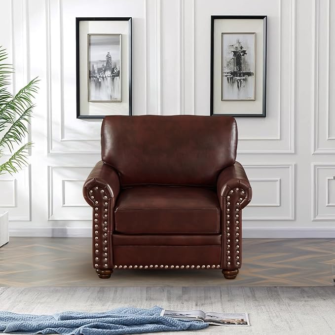 Faux Leather Accent Chair35 W Upholstered Mid Century Modern Armchair with Rivet Rolled ArmDeep Seat Comfy Single Sofa Chair for Living RoomBedroomApartmentOffice(Burgundy)