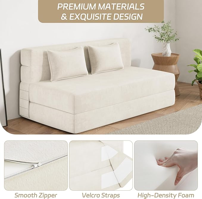 Luoxiao Folding Sofa Bed Foldable Full Lazy Floor Couch for Adults with Pillows Portable Convertible Futon Sleeper Chair for Small Space/Guest Room Washable Cover High-Density Foam Beige