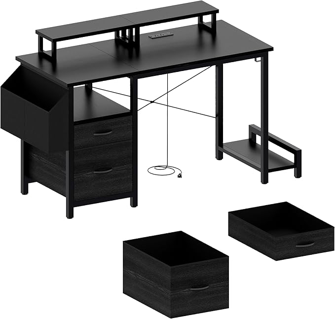 Modern 47 Home Office Writing Desk with Power Outlet &amp 2 Drawers Gaming Desk w/ 2 Monitor Stands &amp Side Pocket for Office Crowd &amp Gaming Crowd (Black)