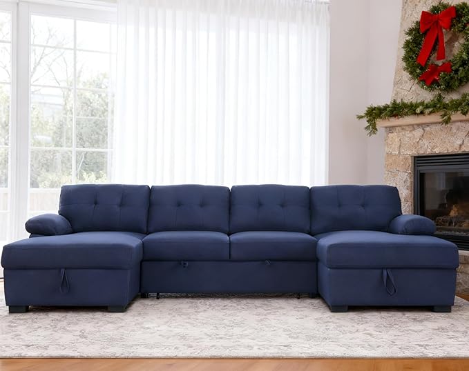 asunflower Sleeper Sofa Sectional Couch with Double Storage Chaise 120-Inch Pull Out Couch for Living Room Apartment U Shaped Easy to Assembly 4-5 Seater Sofa Bed (Navy Blue)